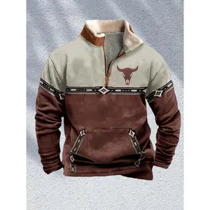 Men's Vintage Western Zip-Up Jacket with Bull Head Print, Black & Tan Design, Stand Collar, Long Sleeve, 1/4 Quarter Zip, Lightweight Polyester Blend, Casual Sporty Style, Outdoor Apparel |           Sporty Zipup |           Fake Finish