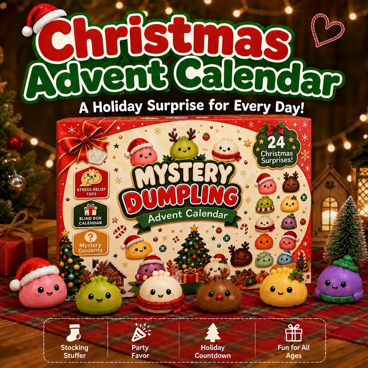 2026 Christmas Dumpling Squishy 24-Day Countdown Advent Calendar, Glitter Mini Squeeze Sensory Fidget Toys, Mystery Blind Box, Xmas Holiday Gift for Kids Teens, Christmas Party Favors & Stocking Stuffers