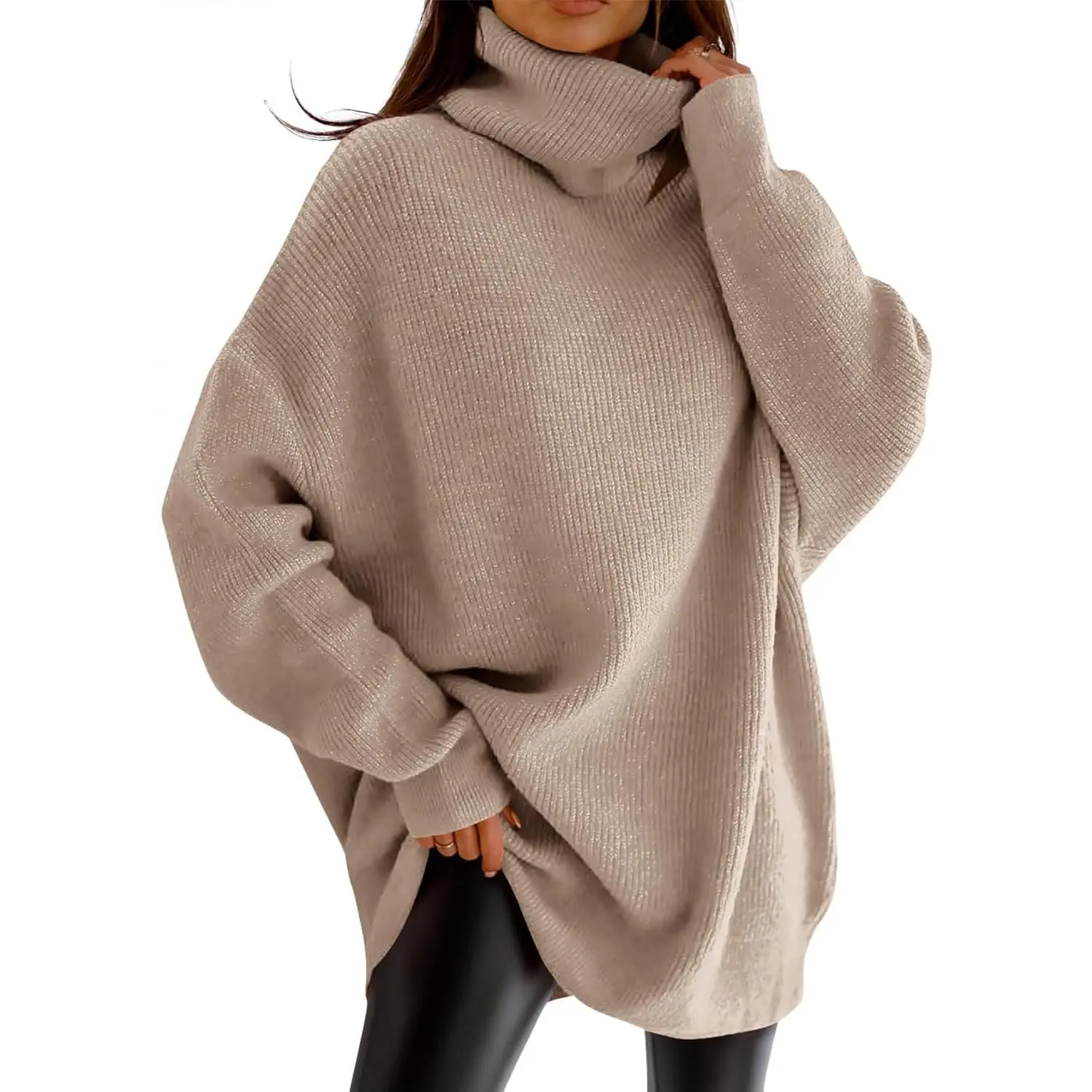 Women's Jumper - Oversized Turtleneck Pullover with Batwing Long Sleeve, Casual Chunky Knit Fall Clothes, Baggy, Sweater, Top