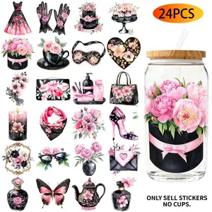Uv Dtf Transfer Stickers - 24Pcs/Set Black And Pink Color Scheme Mother'S Day Theme Uv Dtf 16Oz Diy Transfer Stickers Applicable For 16 Oz Water Bottles Glass Bottles Laptops Home Decor Diy High Viscosity Transfer Paper