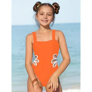 Girls One-Piece Swimsuit, Color-Block Design and Hollow Floral Cut - High Elasticity Adjustable Wide Shoulder Straps, Machine Washable, Suitable for Beach, Swimming Pool, Summer - Size 8-12 Years swimsuit bathing suit