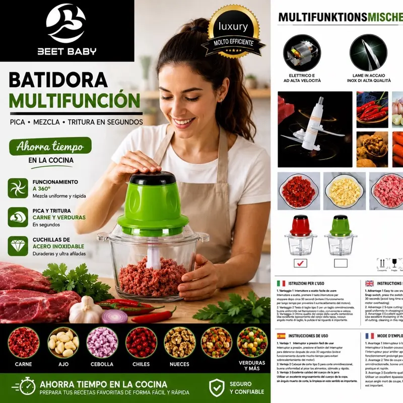 Electric Food Chopper 2L Multifunction Meat & Vegetable Processor Stainless Steel Blades