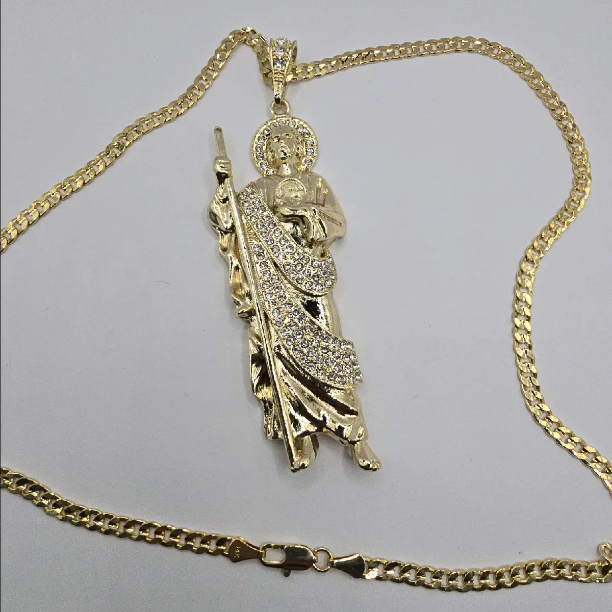 SAINT JUDE clear stns cuban (D) link chain 24"inches gold-plated