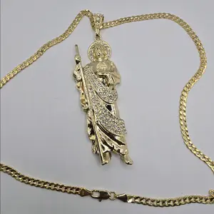 SAINT JUDE clear stns cuban (D) link chain 24"inches gold-plated