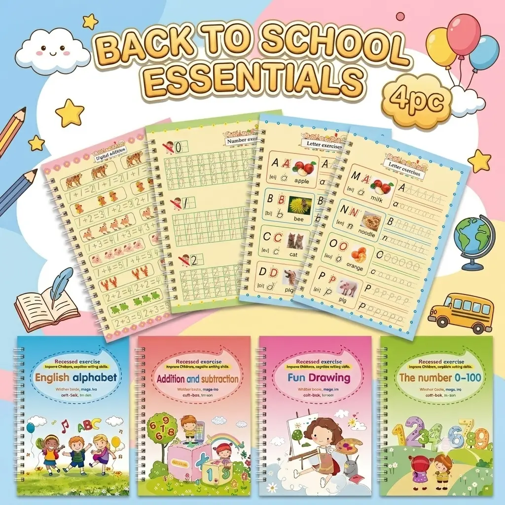 [Back to School Must-Have] Reusable Groove Pen Calligraphy Copybooks Set with Pen - Thick Paper, Magic Ink, Alphanumeric Tracking - School & Educational Learning Office Stationery Supplies