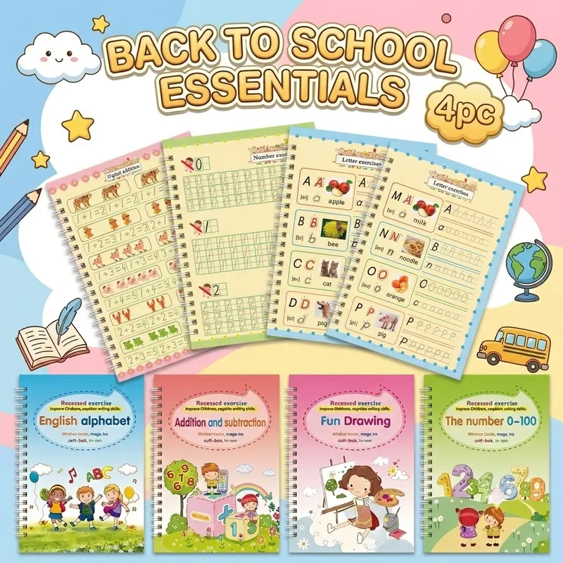 FADDISHDEAL Back to School Must-Have Reusable Groove Pen Calligraphy Copybooks Set - 1 Set, Silicone Handwriting Aid, Pen, 21x15x3cm Thick Paper Exercise Book, Magic Ink, Alphanumeric Tracking, Children's School Stationery Supplies