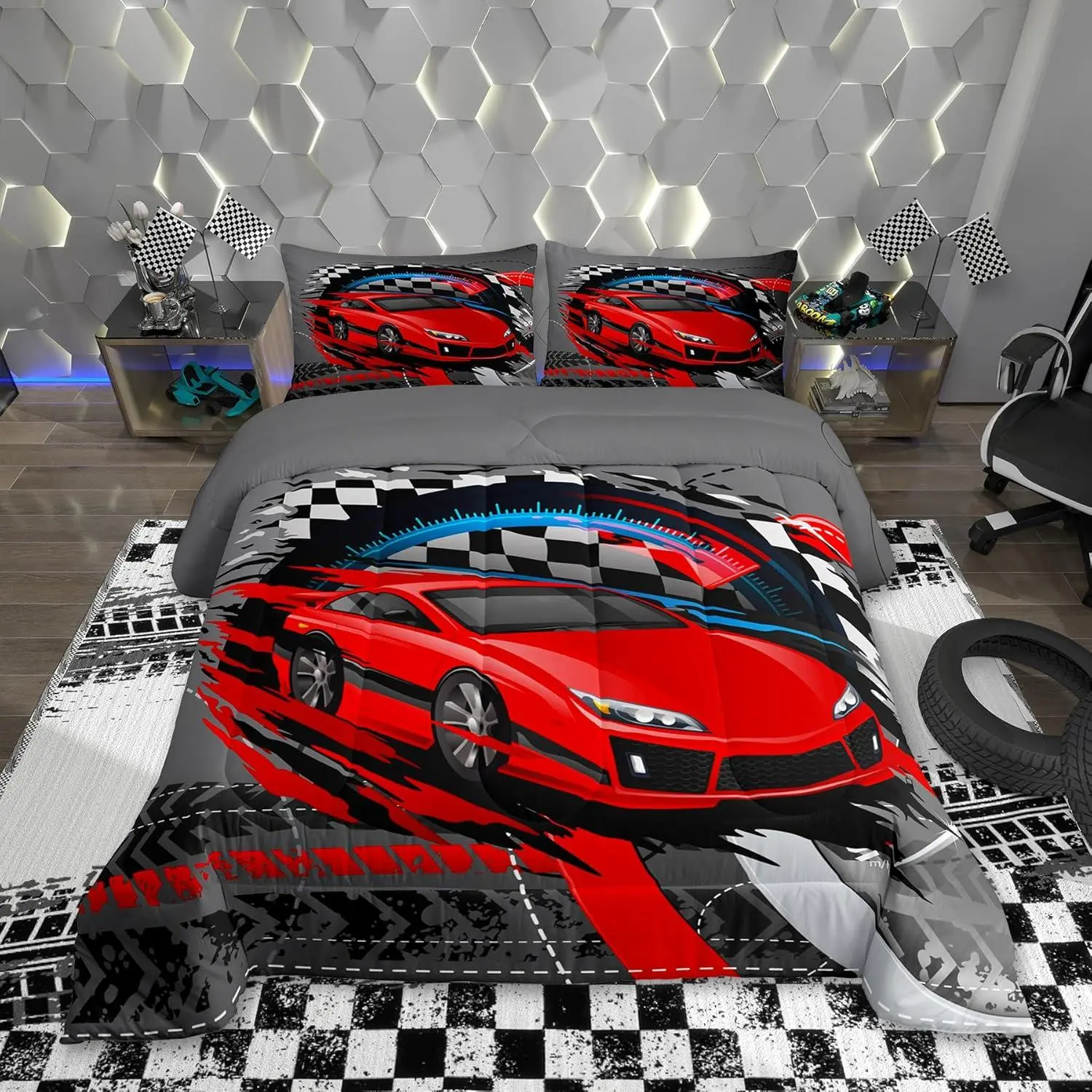 Feelyou Racing Car Bedding Set with 1 Pillowcase - Red Race Cars, Black White Checkered Flag Print, Grey Duvet Insert & Down Comforter for Home, Room Decor & House Decor