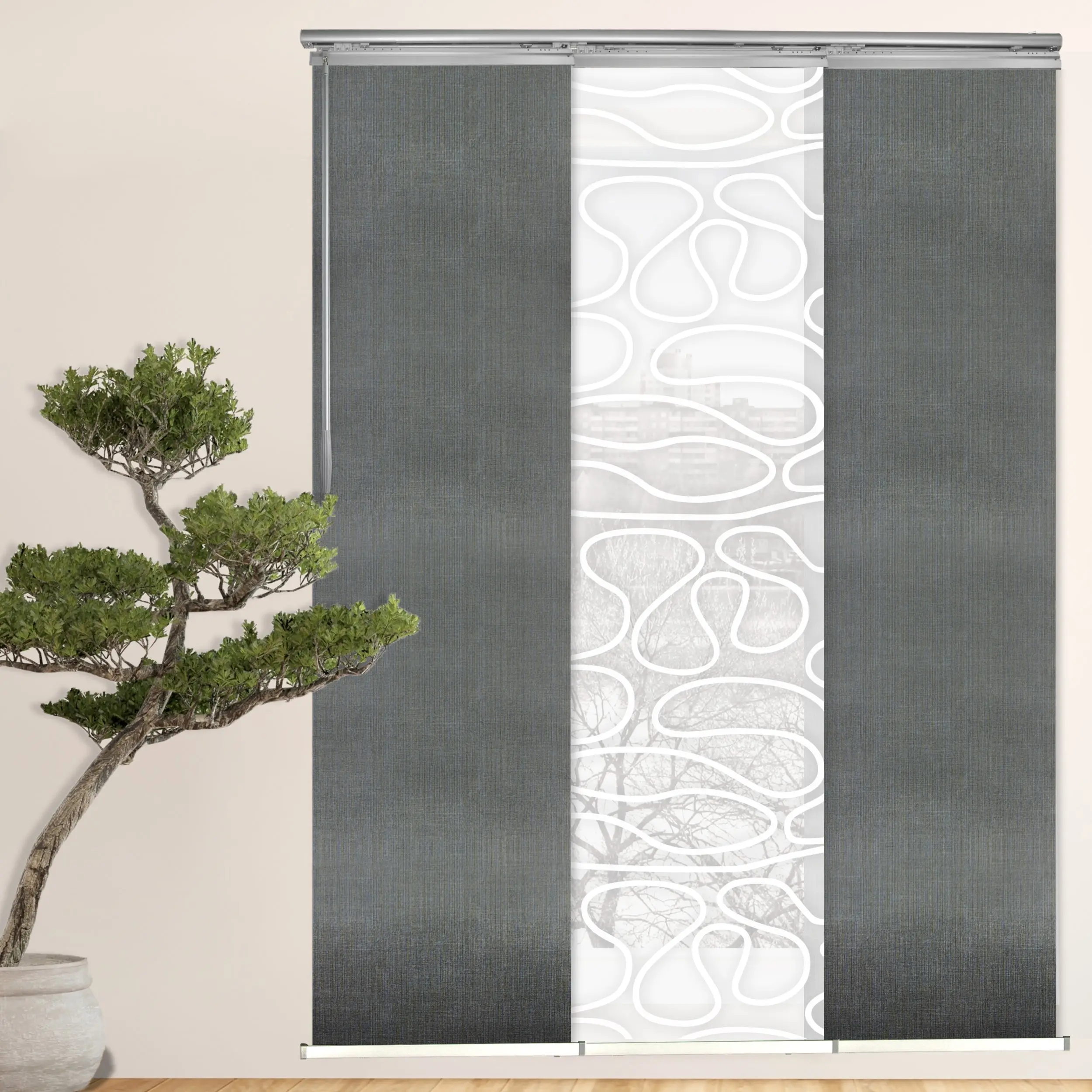 3-Panel Single Rail Panel Track Blind Extendable 36"-66"W x 91.4"H, Panel width 23.5", Whirl White, Dove