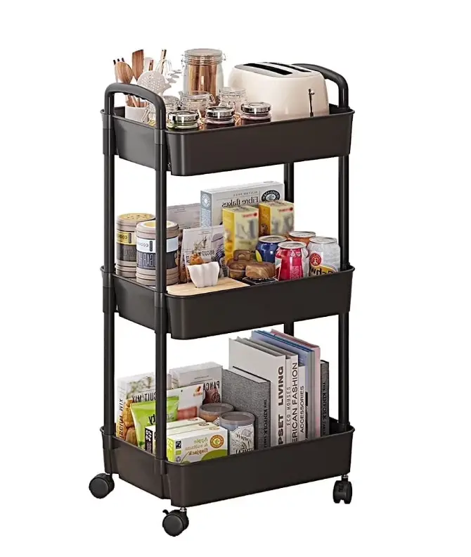 Cowin 3 Tier Metal Rolling Utility Cart with 6 Hooks, Black