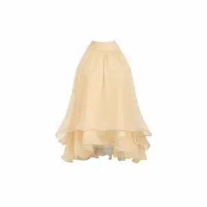 Cider Halter Neckline Knotted Layered Ruffle Hem Blouse