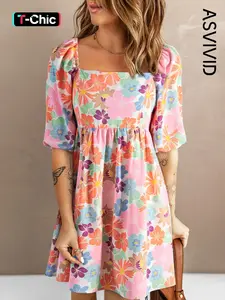 Women's Floral Print Puff Sleeve Loose Smock Dress, Boho Romantic Short Sleeve Square Neck A Line Dress for Vacation Wedding Guest, Ladies Summer Clothes