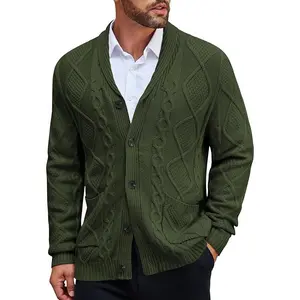 COOFANDY Mens Shawl Collar Cardigan Sweater Slim Fit Button Down Cable Knitted Sweater with Pockets Tops Casual Long Sleeve Green Knitwear Menswear Knife Plain Biker Beige