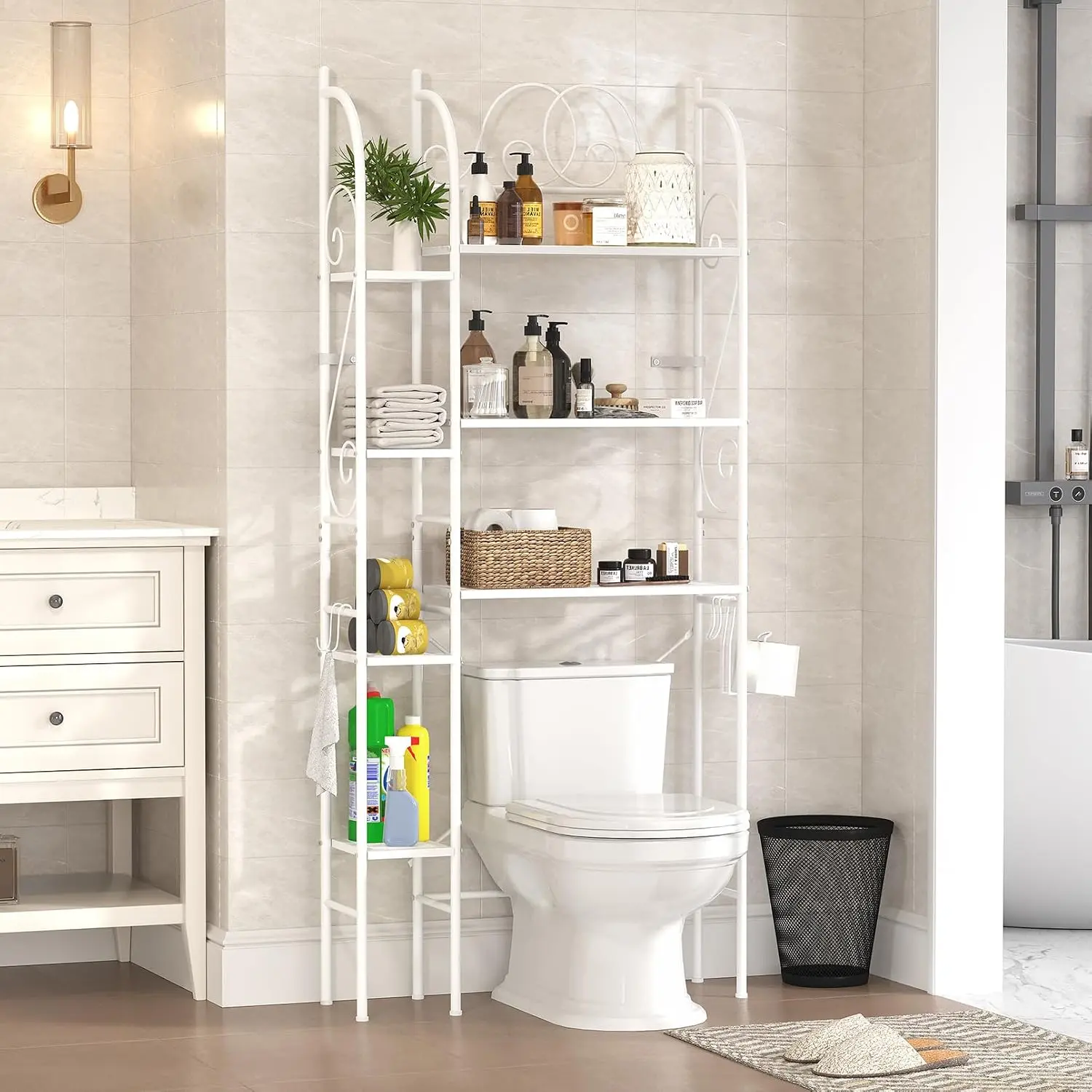 7-Tier Over the Toilet Storage Rack, Heavy-Duty Metal Bathroom Organizer with Adjustable Shelf, Toilet Paper Holder & Side Hooks, Space Saver for Small Bathrooms, Laundry Room & Apartments, Black