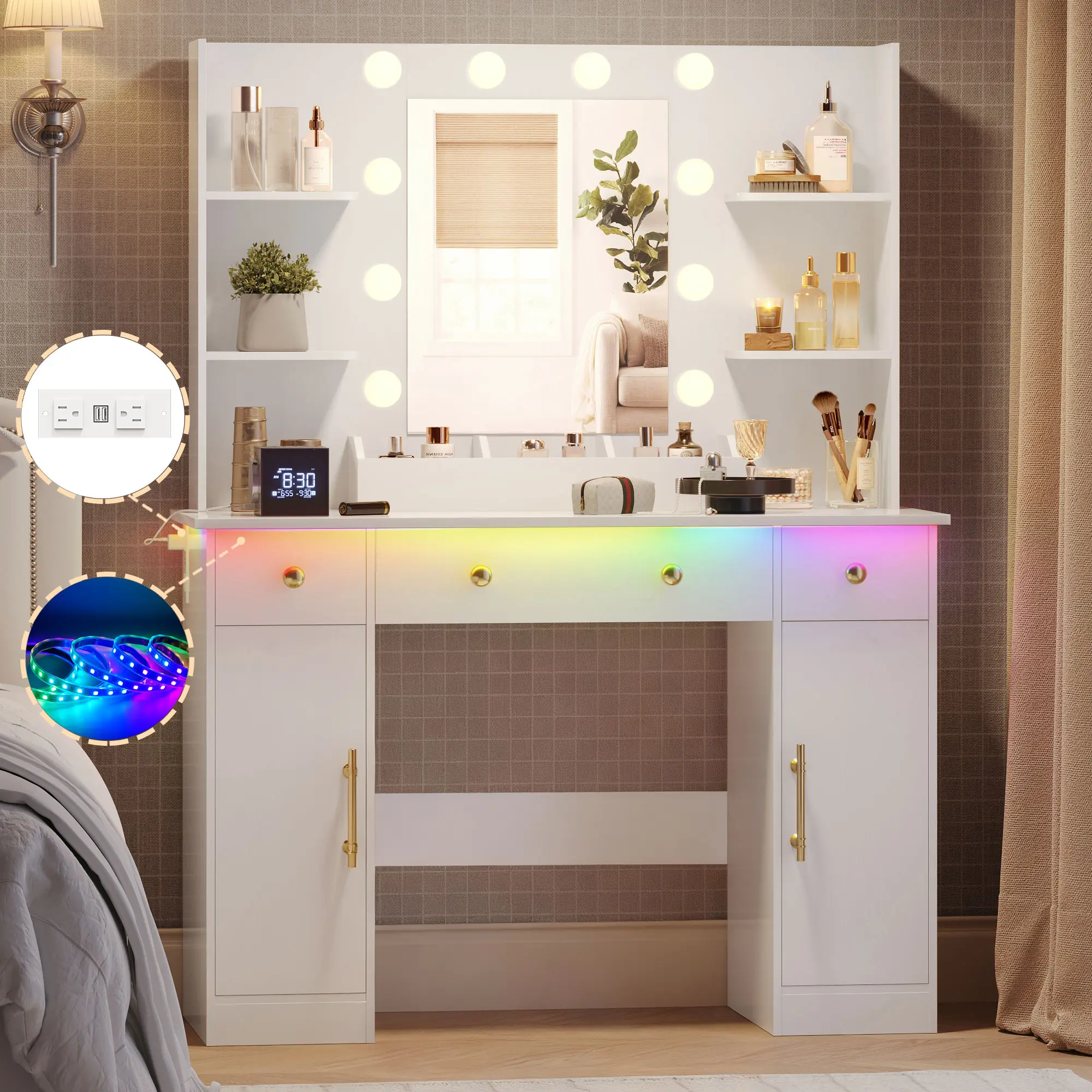 Vanity Desk with Mirror and Lights, Makeup Vanity with Charging Station & Vanity Stool, 3 Drawers and Cabinets White Vanity Mirror with RGB LED Lights Vanity Desk and Chair for Women