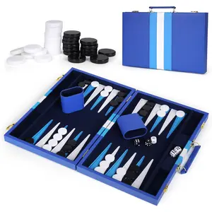 Backgammon Sets for Adults and Kids ，15 Inches Portable Travels Strategy Backgammon Game Set ，Classic Family Board Game with Premium Folding Leather Backgammon Board Case and Checkers