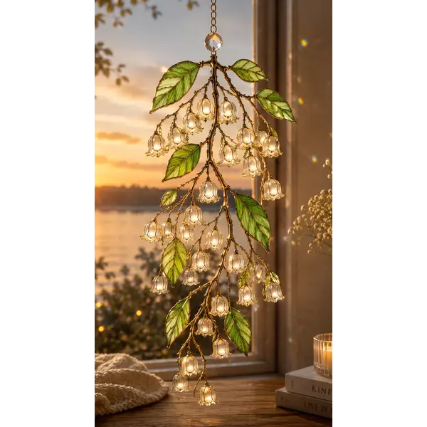 Lily of the Valley Hanging Suncatcher Night Light Lamp, Cottagecore Stained Glass Warm Gold Branch Chandelier, Aesthetic Fairycore Flower Window Hanging Decor Cozy Bedroom Gift