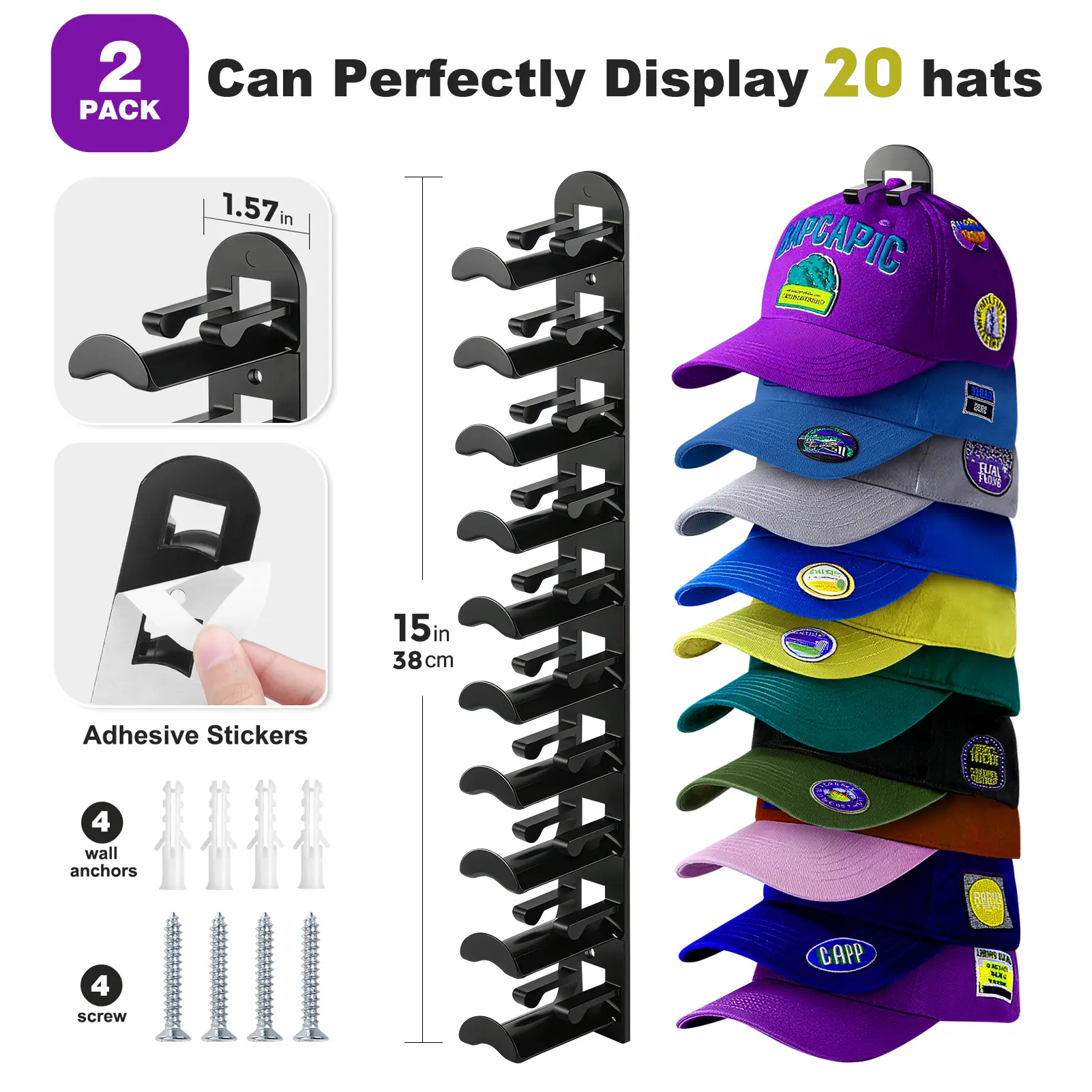 Hat Rack on Wall 2 Pack Hat Organizer for Baseball Caps Holds up to 20 Hats with Strong Adhesive and Nail Wall-Mounted Hat Storage Organizer for Closet Door and Bedroom Space-Saving Hat Hangers for Wall Multilayer Display Cap Organizer for Men Cap Holder
