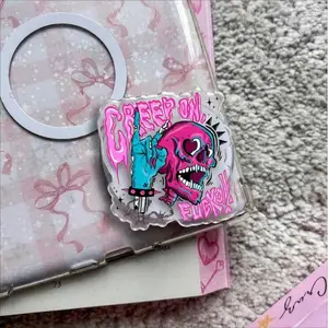 Edgy Cyber Grunge Phone Grip, Creep On Fucka Skull Griptok, Hardcore Punk Neon Pink Skeleton Phone Stand, Gothic Alternative Tech Accessory, Gift for Alt Guys Girls