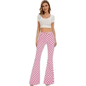 ODEFOU Women's High-Waisted Thick Checkerboard Plaid Stretch Denim Bell Bottom Jeans - Vintage, Comfortable Leg, Hip-Fit Button-Accented Bootcut Pants, Valentine's Day Gift, Women's Clothes
