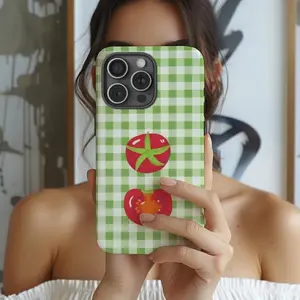 Tomato Picnic Spring Phone Case, Green Gingham Cottagecore Cover, Cute Fruit Aesthetic Case, Suitable for IPhone17 11 12 13 14 15 16 Pro Max Air Plus