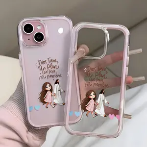 Hand in Hand Cartoon Insertion Pattern, Anti Drop, Anti Slip, Transparent 2-in-1 Large Hole Lens Phone Protection Case, Suitable for iPhone 17, 16, 15, 14, 13, 12, 11 XS X and other series models, Can be given as a gift to friends or family