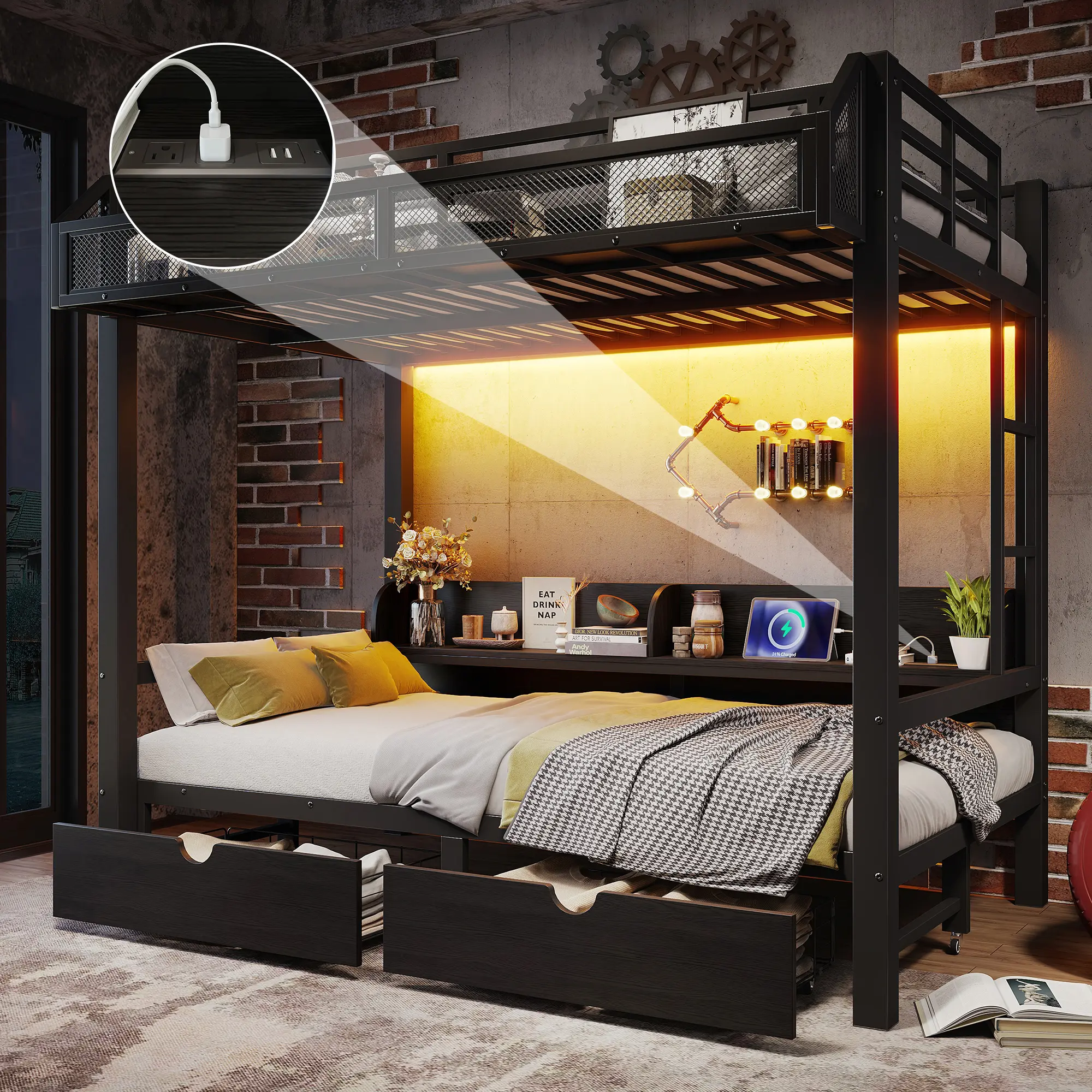 Twin over Twin Bunk Bed with Storage Shelves and Drawers, Multifunctional Metal Bunk Beds with USB Ports and LED Lights, Convertible Lower Bed Sofa, Black, for Kids Bedroom, No Box Spring Needed, Bedroom Furniture for Bedroom, Guest Room