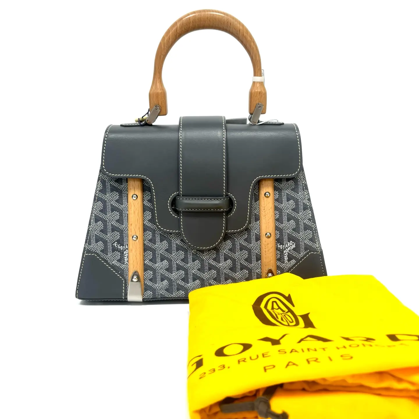 Pre-owned Goyard Structured Saigon PM Mini Crossbody Bag Gray Cowhide, Wooden Handle, 18in Base Length, Serial N23029594, Crossbody Bags, 18 Inches, Base Length 18