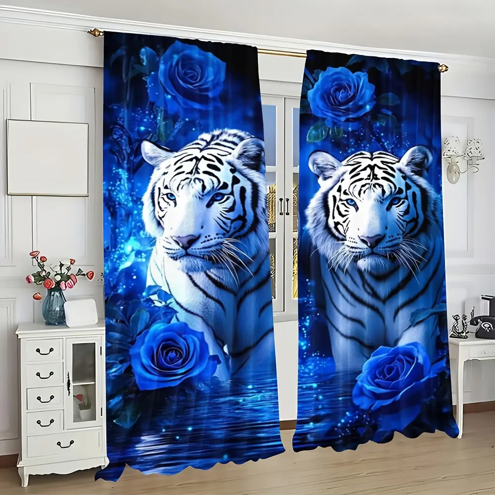 2 Pieces White Tiger and Blue Rose Printed Knitted Polyester Curtains, Machine Washable, Suitable for Various Room Types Modern Holiday Decoration, Artistic Design, No Electricity or Batteries Needed, Landscape Theme