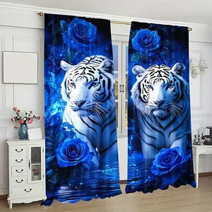 2 Pieces White Tiger and Blue Rose Printed Knitted Polyester Curtains, Machine Washable, Suitable for Various Room Types Modern Holiday Decoration, Artistic Design, No Electricity or Batteries Needed, Landscape Theme