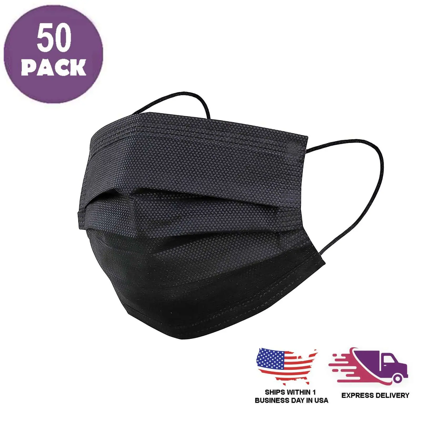 Black Masks Disposable for Adults, 50-Pack 3-Ply Non-Woven Filter Cloth Face Masks with Ear Loops and Melt-Blown Layer