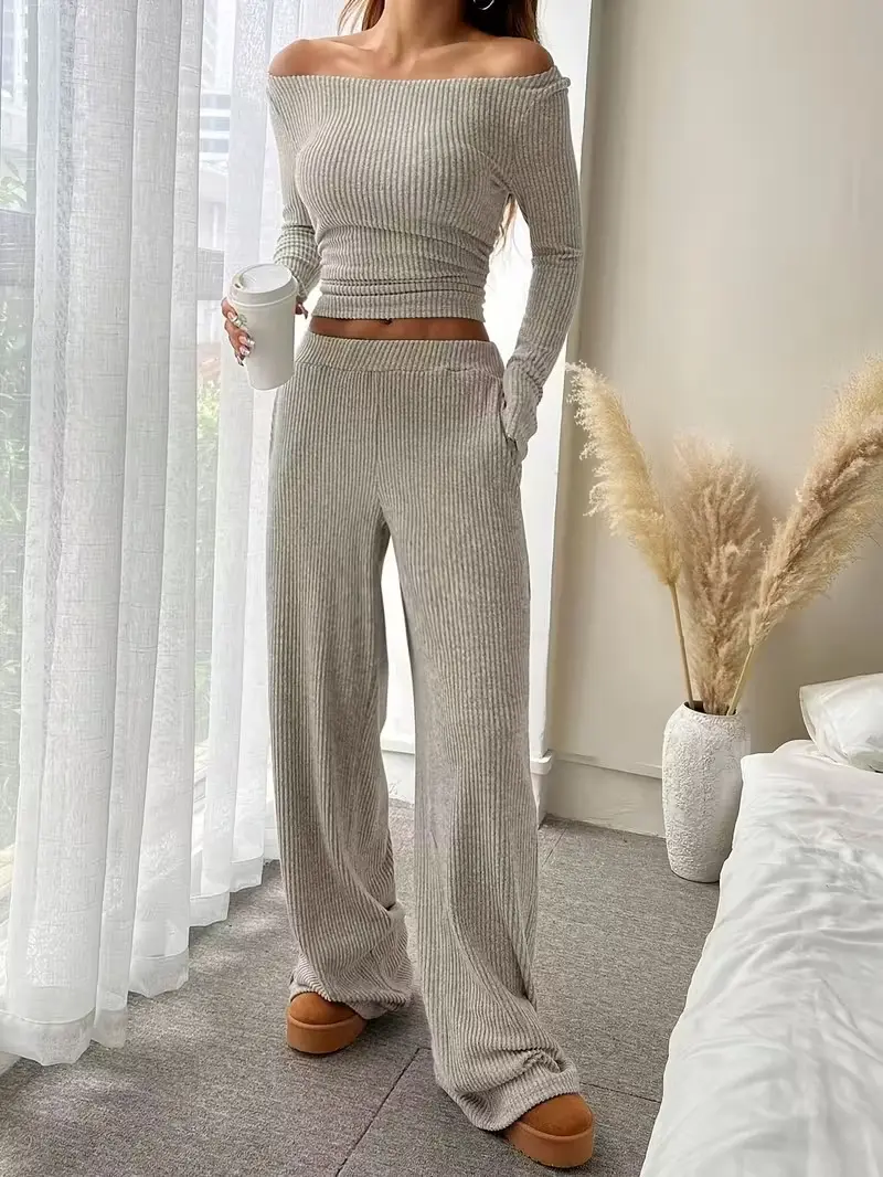 Women's 2-Piece Knitted Pajama Set - Black Plain Long Sleeve Fitted Top, Striped Loose Pants, Casual Basic Loungewear, Machine Washable Nightwear