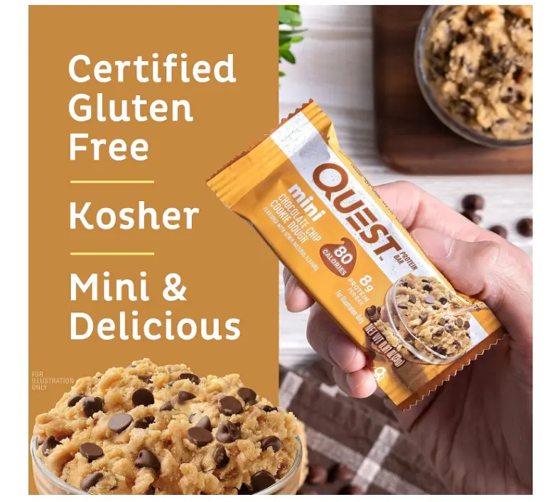 Quest Nutrition Mini Chocolate Chip Cookie Dough Protein Bars, 8g Protein, 1g Sugar, 2g Net Carbs, Gluten Free, 14 Count