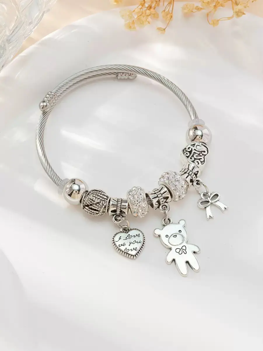 Silver Charm Bracelet with Cute Bear Heart Butterfly Pendant Dainty Wire Bangle Gift for Her