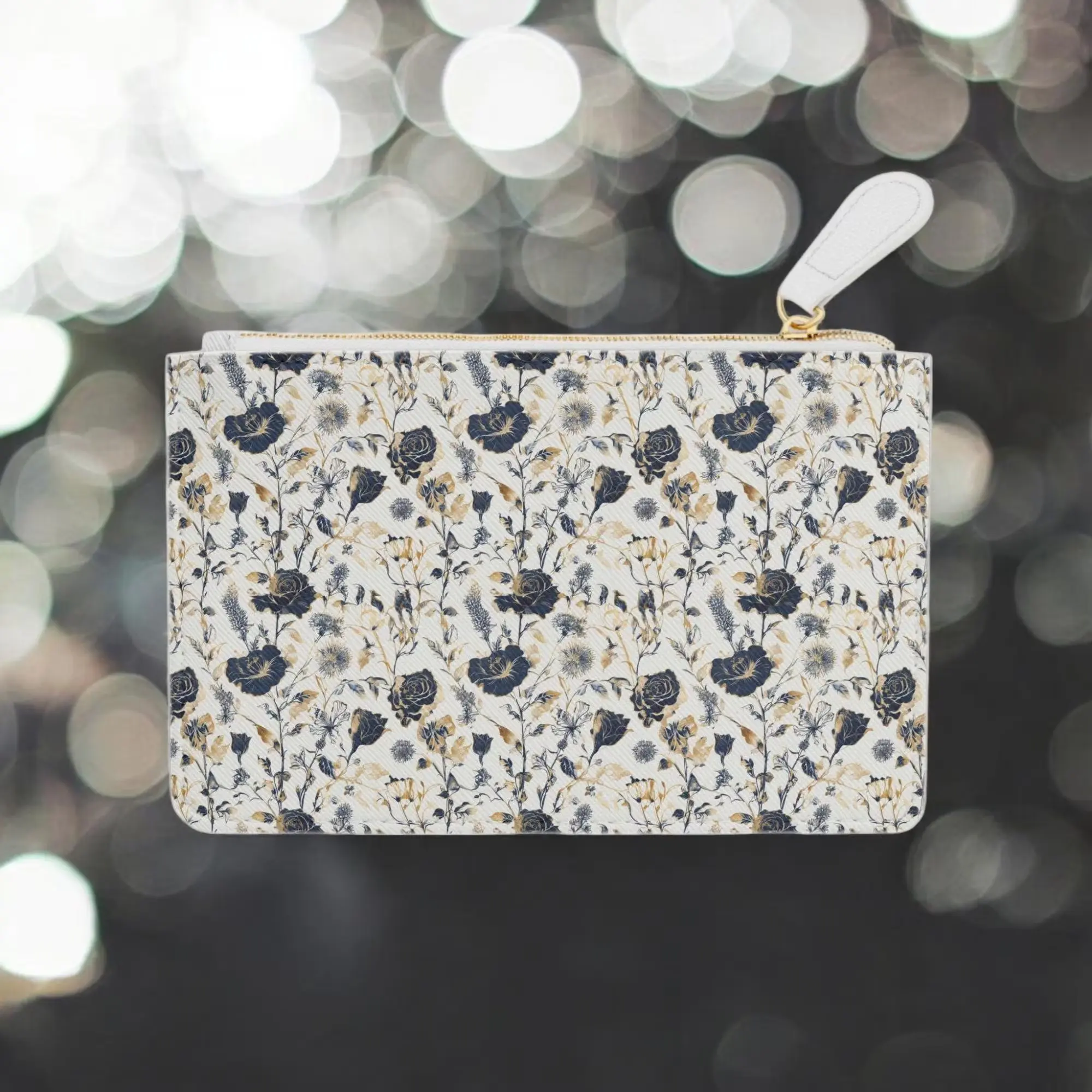 Navy Flowers with Gold Accents Mini Clutch Bag, Personalized Custom Gift For Her, Personalized Bridesmaids Gifts, Custom Grandma Gift