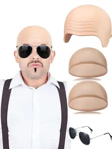 Bald Caps with Glasses, Nylon Makeup Latex Bald Head Wig Cap, for Men Women Adults, Cosplay Party Costume Accessories