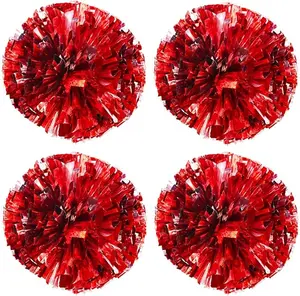 4 Pack (2 Pair) Metallic Foil Cheerleader Pom Poms & Plastic Ring Cheer Poms with Baton Handle Cheerleading Pompoms for Sports Party Dance Team Accessories.