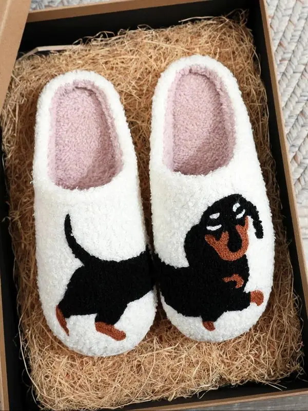 Women's Cartoon Dog Print Plush Slippers, Slipper Shoes, 1 Pair Casual Soft Comfortable Non-slip Soft Home Slippers, Warm Slippers for Indoor & Outdoor Use for All Seasons, Fuzzy House Slippers, Bedroom Slippers