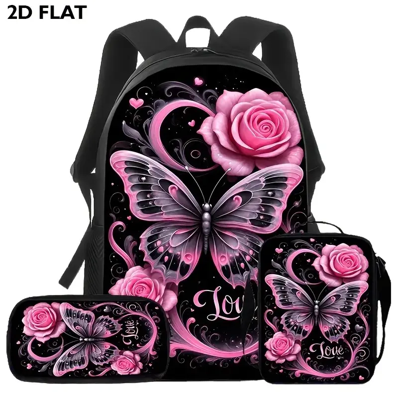 3-Piece Gothic Rose Butterfly Organizer Bag Set, Polyester Carrying Case with Matching Lunch Bag and Pencil Pouch, Lightweight Zippered Storage Set for Travel and Everyday Use