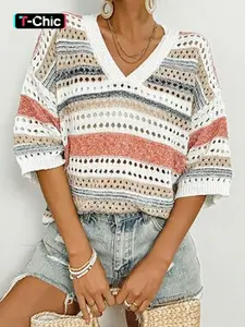 Women's Colorblock Print Crochet Sweater, Casual V Neck Jumper for Summer, Fashion Women's Knitwear for Daily Wear, Tops, Womenswear, Casual Chic Knitwear, Casual Pullover Top