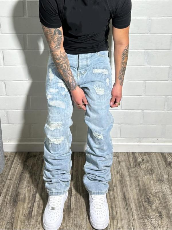 Men's Y2K Korean Style Hip-Hop High Street Ripped Washed Denim Jeans, Loose Casual Trendy Wide Leg Long Pants with Pockets