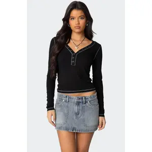 Edikted Women's Yael Contrast Stitch Henley Top