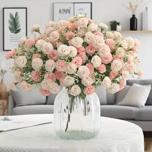 A Bundle of 20 Champagne-Colored Artificial Carnations with a Realistic Touch, Featuring Green Stems And Leaves That Resist Fading—Perfect for Home And Office Decor, Suitable for Display in The Living Room, on Dining Tables