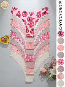 8 Pack Fun Print Underwear, Lip Heart Wave Edge Design, Smooth Breathable Non-Irritating, Daily Wear, Sweet Cool Style, Soft Comfy Brief