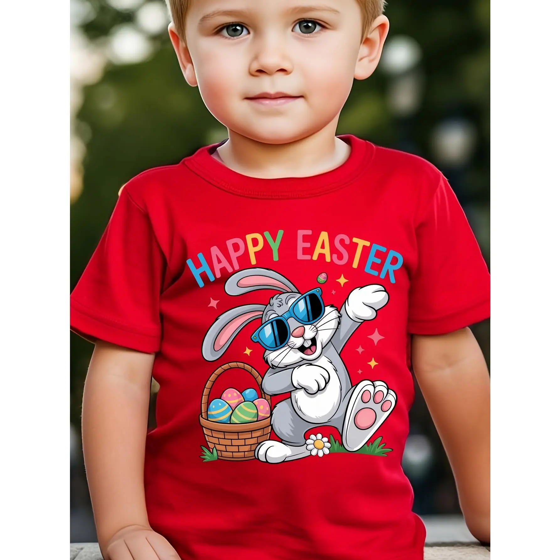 Easter WML Boys HAPPY EASTER Rabbit with Fashion Glasses Creative Colorful Letter Egg Print Street Fashion Spring Summer T-Shirt, Cotton, Crew Neck
