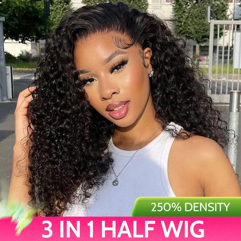Deep Curly Half Wig Human Hair 16-30 Inch 200% Density Half Wig Curly Hair,Wear And Go Glueless Wig With Drawstring 3 In 1 Flip Over Half Up Half Down Wig, Deep Wave Half Wigs For Black Women