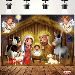 2D Flat Printed Polyester Nativity Scene Photo Backdrop-Banners, Design with Starlight, Holy Family, 3 Kings, Desert Manger, Birth of Jesus for Christmas Photo Studio Use