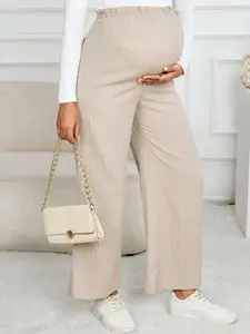 ELERENZO Maternity Solid Color Ruffle Waist Wide Leg Loose Casual Pants Beige Maternity Dress Pants Linen Two Piece Set Wide Leg Pants Maternity Clothes Maternity Wide Leg Pants