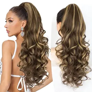 Ponytail Extension,24 Inch Claw Clip in Long Curly Wavy Chocolate Brown with Highlights Ponytail Hair Extension Jaw Clip on Pony Tails Hairpiece for Women