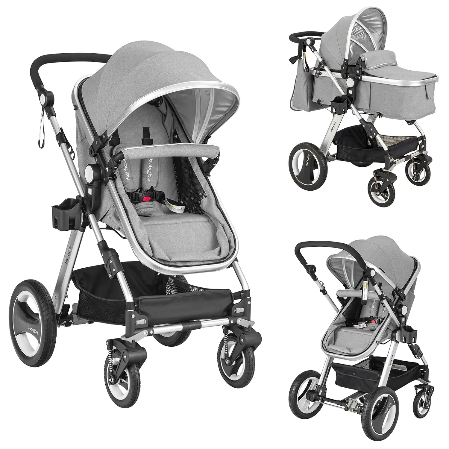 Baby Stroller, 2-in-1 Convertible Bassinet Reclining Stroller, Foldable Pram Carriage with 5-Point Harness, Including Cup Holder, Foot Cover, Diaper Bag, Aluminum Structure