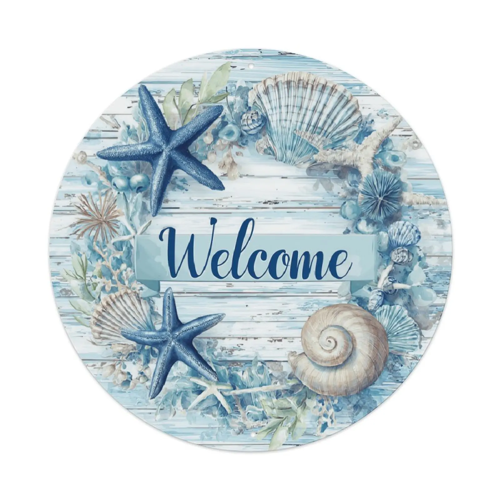 8in Round Coastal Light Aluminum Welcome Sign - Distressed Blue White Wood Grain Nautical Plaque, Pre-Drilled Outdoors Home Supplies, Beach House Front Door Wreath-Friendly Decor Gift, Porch Decor, Round Shape